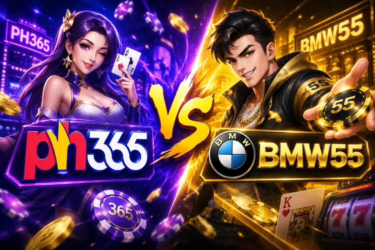 PH365 vs BMW55 comparison cover — anime-style characters split by a VS graphic with casino chips, playing cards, and brand logos on purple and gold backgrounds